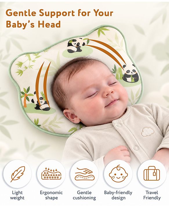 Babyhug Bear Shaped Baby Head Support Pillow Space Print| Prevents Flat Head| Cotton Pillow for Newborn| Soft Breathable Cotton Cover| Ergonomic Head Support| Lightweight Travel Friendly| Memory Foam