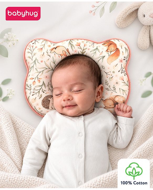 Babyhug Bear Shaped Baby Head Support Pillow Space Print| Prevents Flat Head| Cotton Pillow for Newborn| Soft Breathable Cotton Cover| Ergonomic Head Support| Lightweight Travel Friendly| Memory Foam