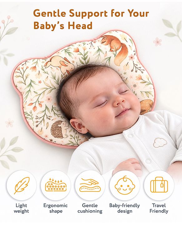 Babyhug Bear Shaped Baby Head Support Pillow Space Print| Prevents Flat Head| Cotton Pillow for Newborn| Soft Breathable Cotton Cover| Ergonomic Head Support| Lightweight Travel Friendly| Memory Foam