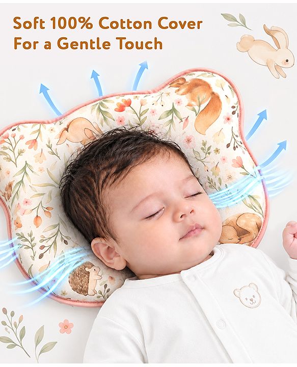 Babyhug Bear Shaped Baby Head Support Pillow Space Print| Prevents Flat Head| Cotton Pillow for Newborn| Soft Breathable Cotton Cover| Ergonomic Head Support| Lightweight Travel Friendly| Memory Foam