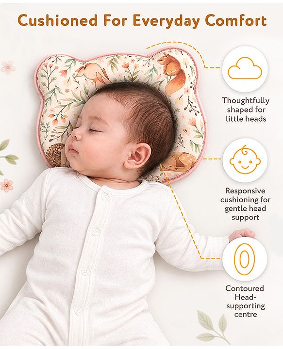Babyhug Bear Shaped Baby Head Support Pillow Space Print| Prevents Flat Head| Cotton Pillow for Newborn| Soft Breathable Cotton Cover| Ergonomic Head Support| Lightweight Travel Friendly| Memory Foam