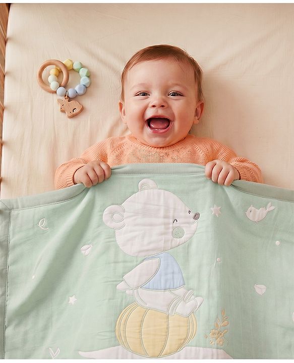 Babyhug 100% Pure Cotton Jacquard Gauze Baby Blanket Happy Bear Print 10 Layer Quilting Ultra Soft Breathable & Absorbent 0-24 Months New Born Essential -Green