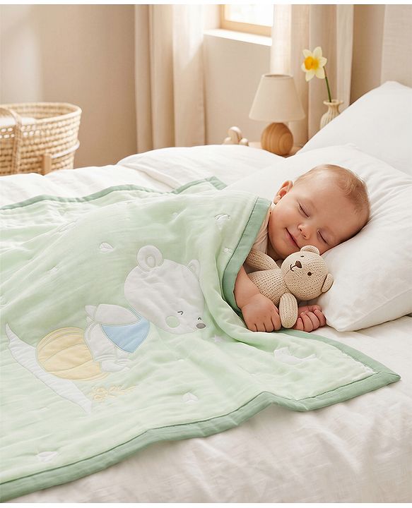 Babyhug 100% Pure Cotton Jacquard Gauze Baby Blanket Happy Bear Print 10 Layer Quilting Ultra Soft Breathable & Absorbent 0-24 Months New Born Essential -Green