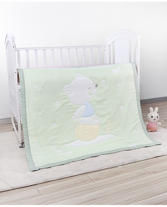 Babyhug 100% Pure Cotton Jacquard Gauze Baby Blanket Happy Bear Print 10 Layer Quilting Ultra Soft Breathable & Absorbent 0-24 Months New Born Essential -Green