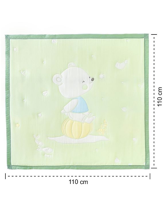 Babyhug 100% Pure Cotton Jacquard Gauze Baby Blanket Happy Bear Print 10 Layer Quilting Ultra Soft Breathable & Absorbent 0-24 Months New Born Essential -Green