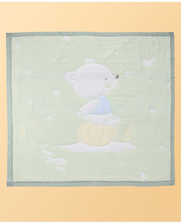 Babyhug 100% Pure Cotton Jacquard Gauze Baby Blanket Happy Bear Print 10 Layer Quilting Ultra Soft Breathable & Absorbent 0-24 Months New Born Essential -Green