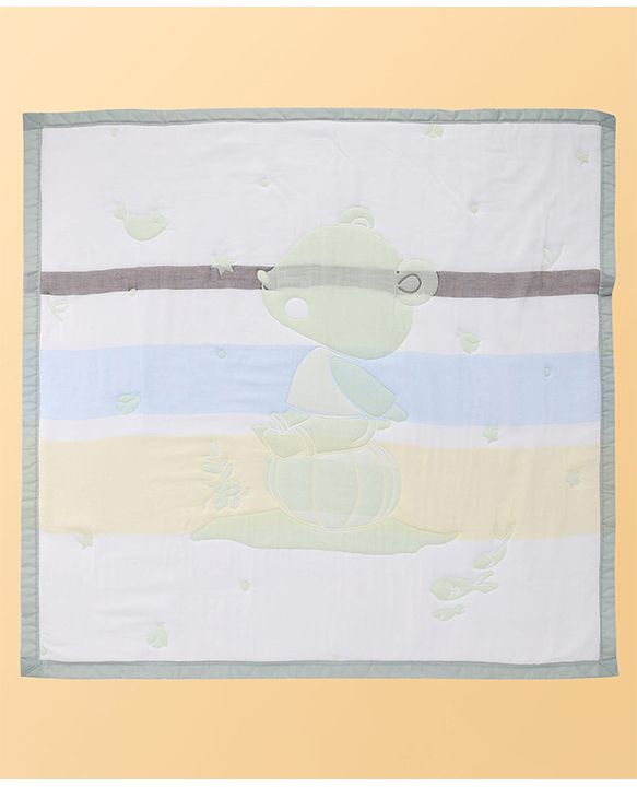 Babyhug 100% Pure Cotton Jacquard Gauze Baby Blanket Happy Bear Print 10 Layer Quilting Ultra Soft Breathable & Absorbent 0-24 Months New Born Essential -Green