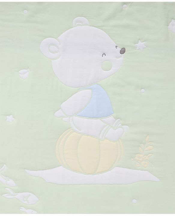 Babyhug 100% Pure Cotton Jacquard Gauze Baby Blanket Happy Bear Print 10 Layer Quilting Ultra Soft Breathable & Absorbent 0-24 Months New Born Essential -Green