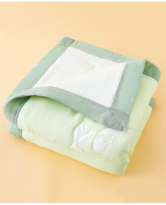 Babyhug 100% Pure Cotton Jacquard Gauze Baby Blanket Happy Bear Print 10 Layer Quilting Ultra Soft Breathable & Absorbent 0-24 Months New Born Essential -Green