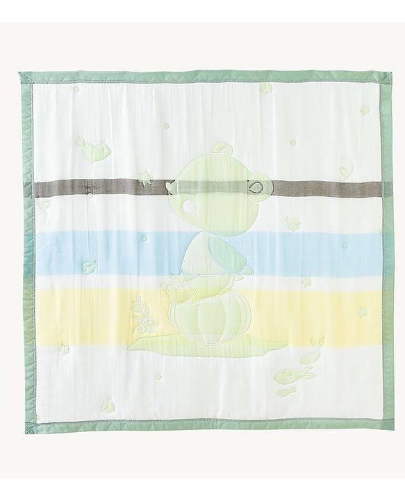 Babyhug 100% Pure Cotton Jacquard Gauze Baby Blanket Happy Bear Print 10 Layer Quilting Ultra Soft Breathable & Absorbent 0-24 Months New Born Essential -Green