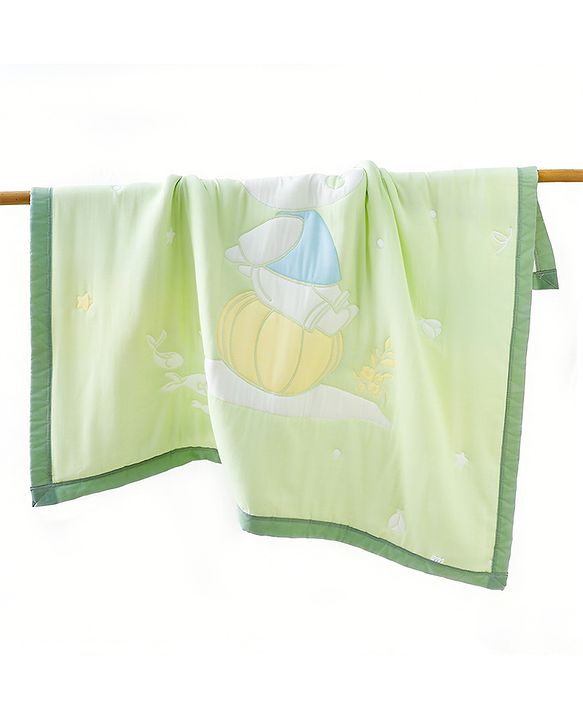 Babyhug 100% Pure Cotton Jacquard Gauze Baby Blanket Happy Bear Print 10 Layer Quilting Ultra Soft Breathable & Absorbent 0-24 Months New Born Essential -Green