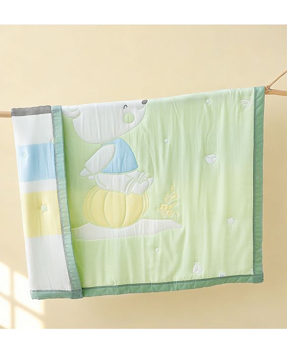 Babyhug 100% Pure Cotton Jacquard Gauze Baby Blanket Happy Bear Print 10 Layer Quilting Ultra Soft Breathable & Absorbent 0-24 Months New Born Essential -Green
