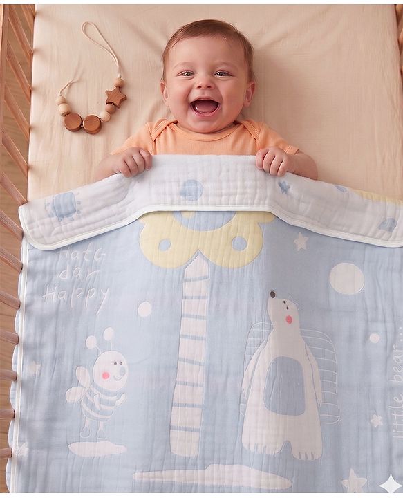 Babyhug 100% Pure Bamboo Baby Blanket Cute Bear Print 6 Layer Quilting Ultra Soft & Light Weight (520g)| Breathable & Absorbent 0-24 Months New Born Essential  - Blue