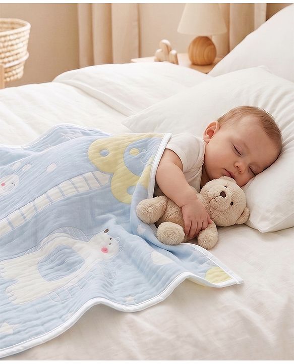 Babyhug 100% Pure Bamboo Baby Blanket Cute Bear Print 6 Layer Quilting Ultra Soft & Light Weight (520g)| Breathable & Absorbent 0-24 Months New Born Essential  - Blue