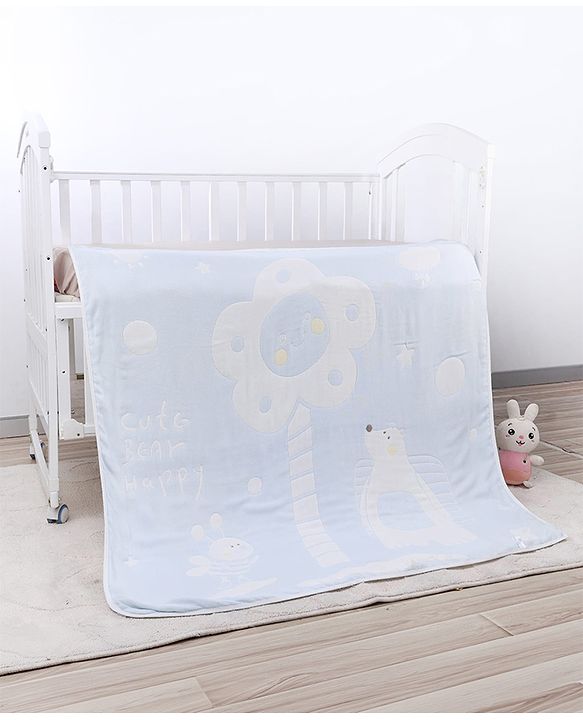 Babyhug 100% Pure Bamboo Baby Blanket Cute Bear Print 6 Layer Quilting Ultra Soft & Light Weight (520g)| Breathable & Absorbent 0-24 Months New Born Essential  - Blue