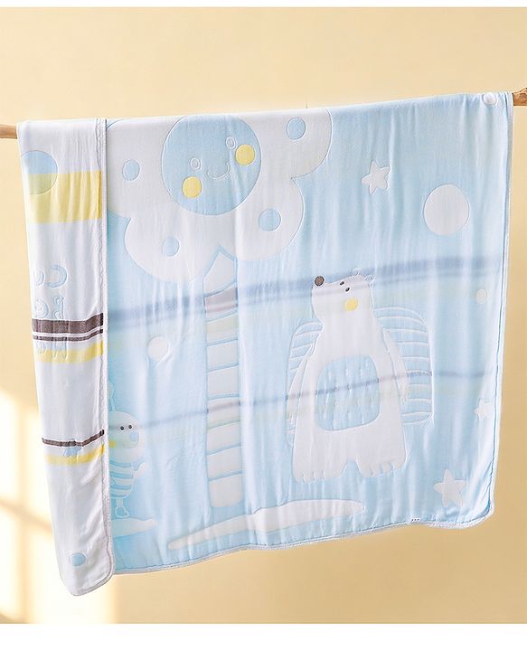 Babyhug 100% Pure Bamboo Baby Blanket Cute Bear Print 6 Layer Quilting Ultra Soft & Light Weight (520g)| Breathable & Absorbent 0-24 Months New Born Essential  - Blue