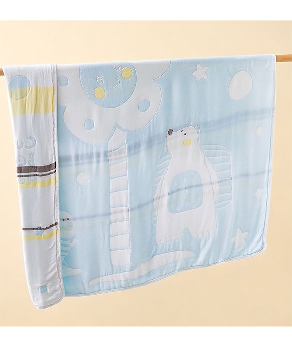 Babyhug 100% Pure Bamboo Baby Blanket Cute Bear Print 6 Layer Quilting Ultra Soft & Light Weight (520g)| Breathable & Absorbent 0-24 Months New Born Essential  - Blue