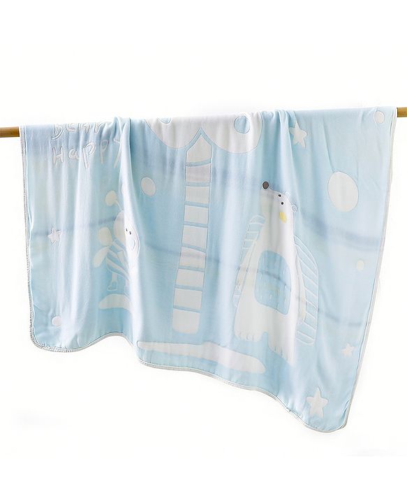 Babyhug 100% Pure Bamboo Baby Blanket Cute Bear Print 6 Layer Quilting Ultra Soft & Light Weight (520g)| Breathable & Absorbent 0-24 Months New Born Essential  - Blue