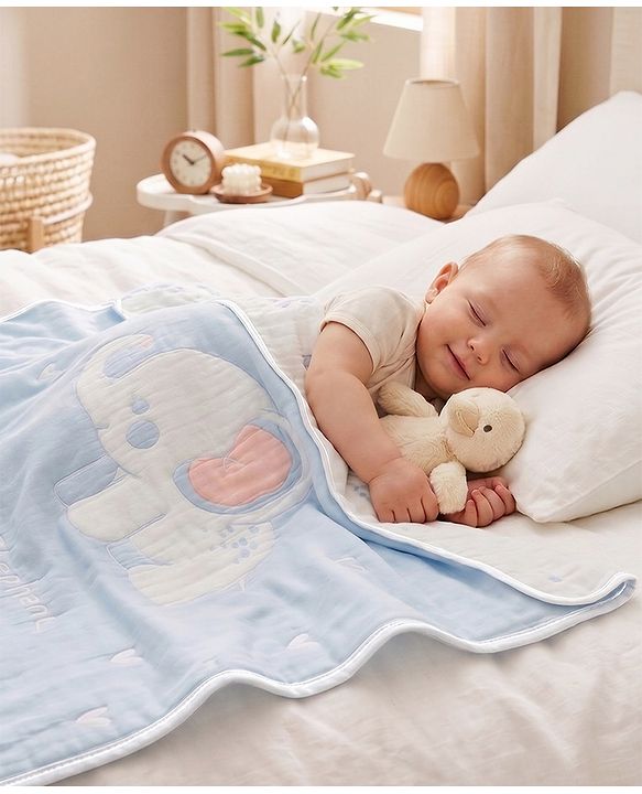 Babyhug 100% Pure Bamboo Baby Blanket Cute baby Elephant Print 6 Layer Quilting| Ultra Soft & Light Weight (520g) Breathable & Absorbent 0-24 Months New Born Essential - Blue