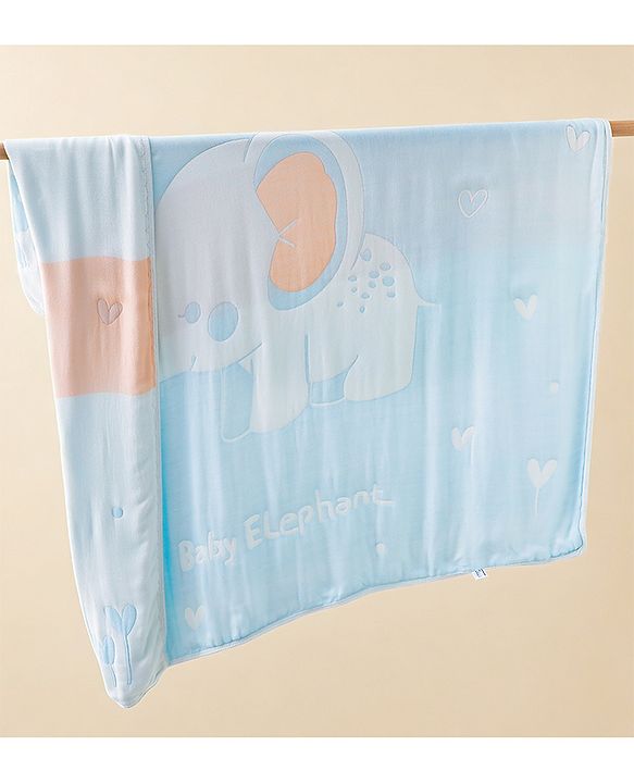 Babyhug 100% Pure Bamboo Baby Blanket Cute baby Elephant Print 6 Layer Quilting| Ultra Soft & Light Weight (520g) Breathable & Absorbent 0-24 Months New Born Essential - Blue