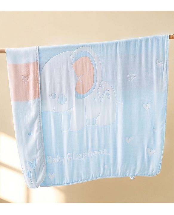 Babyhug 100% Pure Bamboo Baby Blanket Cute baby Elephant Print 6 Layer Quilting| Ultra Soft & Light Weight (520g) Breathable & Absorbent 0-24 Months New Born Essential - Blue