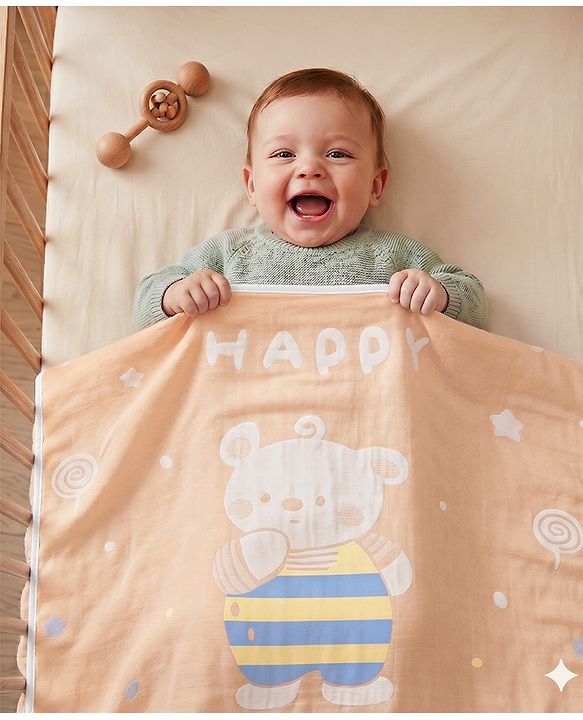 Babyhug 100% Pure Cotton Baby Blanket Bear Print 4 Layer Quilting| Ultra Soft & light Weight (470g) Breathable & Absorbent| 0-24 Months New Born Essential- Peach