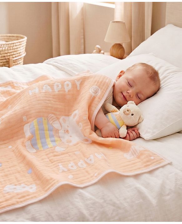 Babyhug 100% Pure Cotton Baby Blanket Bear Print 4 Layer Quilting| Ultra Soft & light Weight (470g) Breathable & Absorbent| 0-24 Months New Born Essential- Peach
