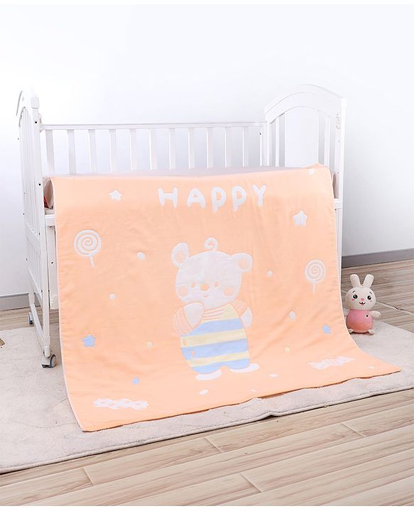 Babyhug 100% Pure Cotton Baby Blanket Bear Print 4 Layer Quilting| Ultra Soft & light Weight (470g) Breathable & Absorbent| 0-24 Months New Born Essential- Peach
