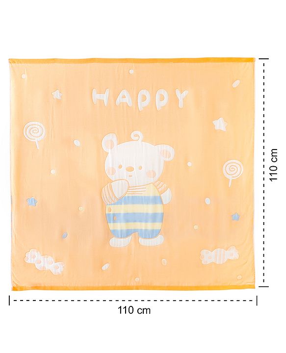 Babyhug 100% Pure Cotton Baby Blanket Bear Print 4 Layer Quilting| Ultra Soft & light Weight (470g) Breathable & Absorbent| 0-24 Months New Born Essential- Peach