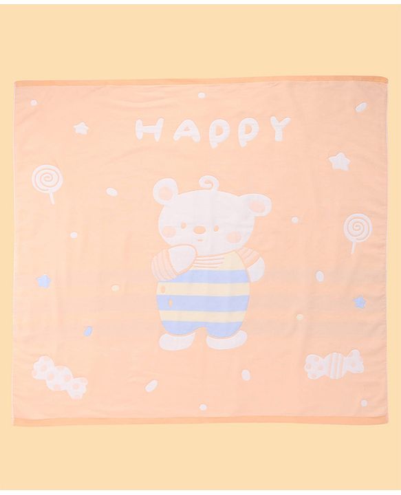 Babyhug 100% Pure Cotton Baby Blanket Bear Print 4 Layer Quilting| Ultra Soft & light Weight (470g) Breathable & Absorbent| 0-24 Months New Born Essential- Peach