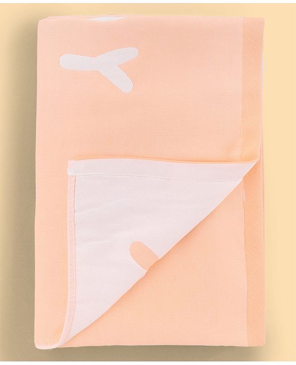 Babyhug 100% Pure Cotton Baby Blanket Bear Print 4 Layer Quilting| Ultra Soft & light Weight (470g) Breathable & Absorbent| 0-24 Months New Born Essential- Peach