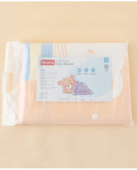 Babyhug 100% Pure Cotton Baby Blanket Bear Print 4 Layer Quilting| Ultra Soft & light Weight (470g) Breathable & Absorbent| 0-24 Months New Born Essential- Peach