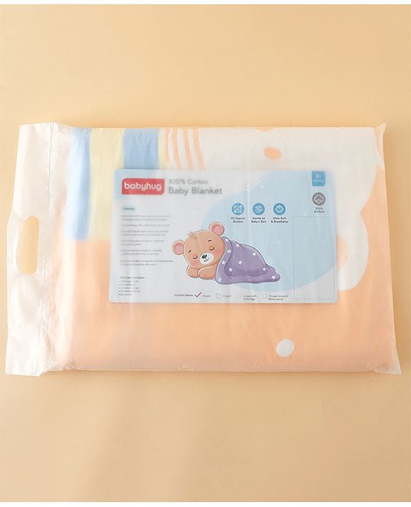 Babyhug 100% Pure Cotton Baby Blanket Bear Print 4 Layer Quilting| Ultra Soft & light Weight (470g) Breathable & Absorbent| 0-24 Months New Born Essential- Peach