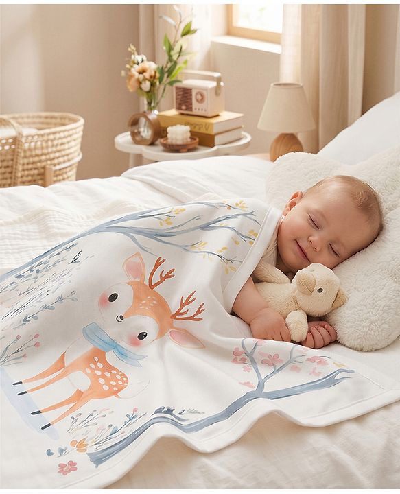 Babyhug 100% Pure Cotton Four Layer Baby Blanket Cute Fawn Print Super Soft & Absorbent Lightweight Breathable Quilt (320g) Gentle on Baby Skin| 024 Months New Born Essential - White