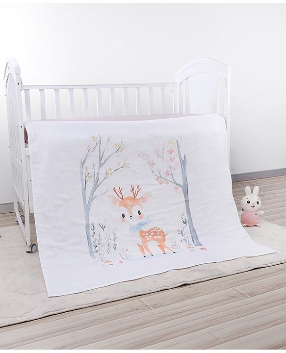 Babyhug 100% Pure Cotton Four Layer Baby Blanket Cute Fawn Print Super Soft & Absorbent Lightweight Breathable Quilt (320g) Gentle on Baby Skin| 024 Months New Born Essential - White