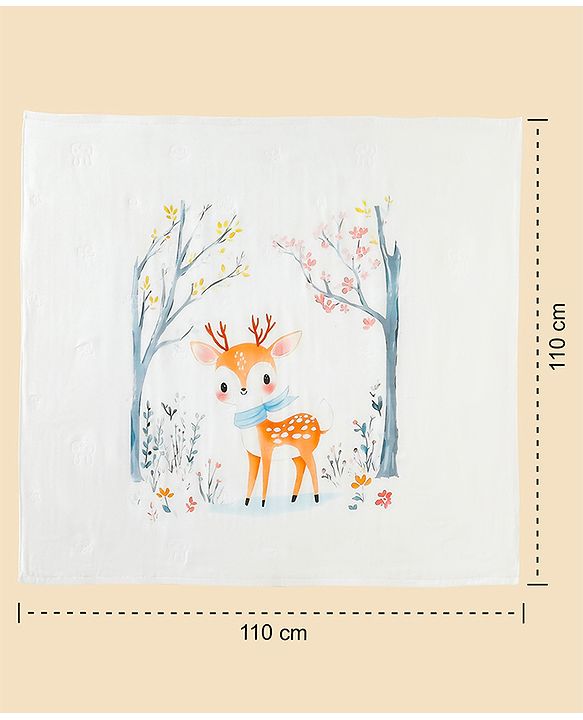 Babyhug 100% Pure Cotton Four Layer Baby Blanket Cute Fawn Print Super Soft & Absorbent Lightweight Breathable Quilt (320g) Gentle on Baby Skin| 024 Months New Born Essential - White
