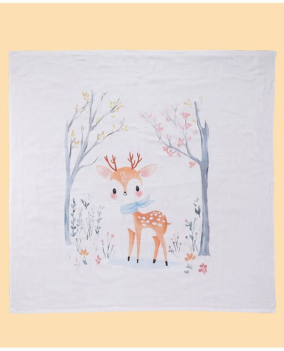 Babyhug 100% Pure Cotton Four Layer Baby Blanket Cute Fawn Print Super Soft & Absorbent Lightweight Breathable Quilt (320g) Gentle on Baby Skin| 024 Months New Born Essential - White