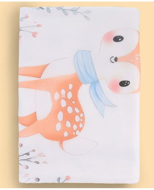 Babyhug 100% Pure Cotton Four Layer Baby Blanket Cute Fawn Print Super Soft & Absorbent Lightweight Breathable Quilt (320g) Gentle on Baby Skin| 024 Months New Born Essential - White