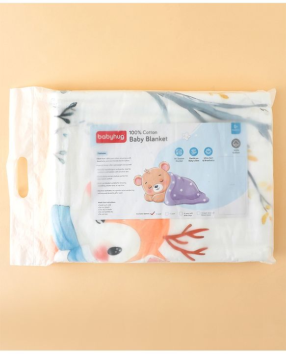 Babyhug 100% Pure Cotton Four Layer Baby Blanket Cute Fawn Print Super Soft & Absorbent Lightweight Breathable Quilt (320g) Gentle on Baby Skin| 024 Months New Born Essential - White