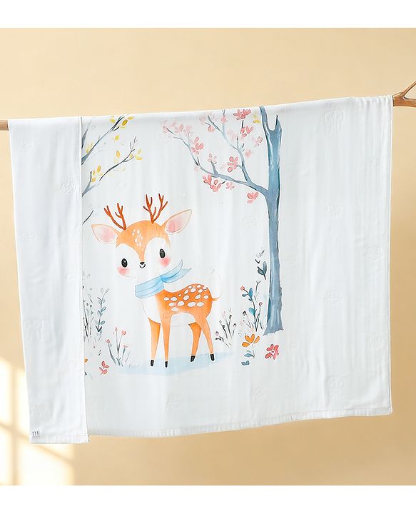 Babyhug 100% Pure Cotton Four Layer Baby Blanket Cute Fawn Print Super Soft & Absorbent Lightweight Breathable Quilt (320g) Gentle on Baby Skin| 024 Months New Born Essential - White