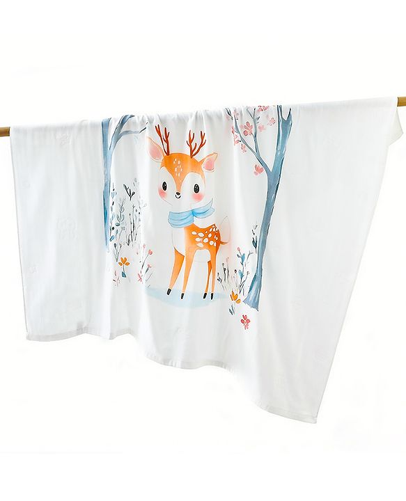 Babyhug 100% Pure Cotton Four Layer Baby Blanket Cute Fawn Print Super Soft & Absorbent Lightweight Breathable Quilt (320g) Gentle on Baby Skin| 024 Months New Born Essential - White