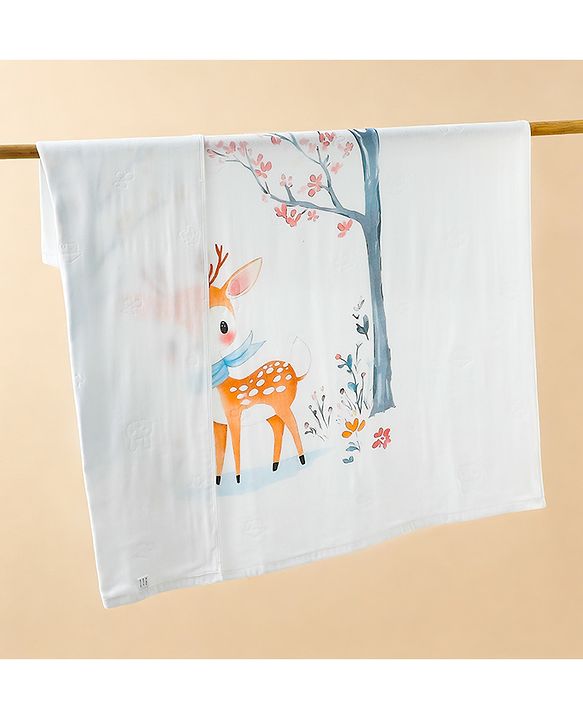 Babyhug 100% Pure Cotton Four Layer Baby Blanket Cute Fawn Print Super Soft & Absorbent Lightweight Breathable Quilt (320g) Gentle on Baby Skin| 024 Months New Born Essential - White