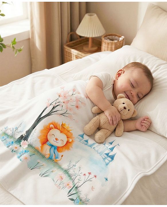 Babyhug 100% Pure Cotton Four Layer Baby Blanket  Lion Print Super Soft & Absorbent Lightweight Breathable Quilt (320g) Gentle on Baby Skin 024 Months| New Born Essential - White