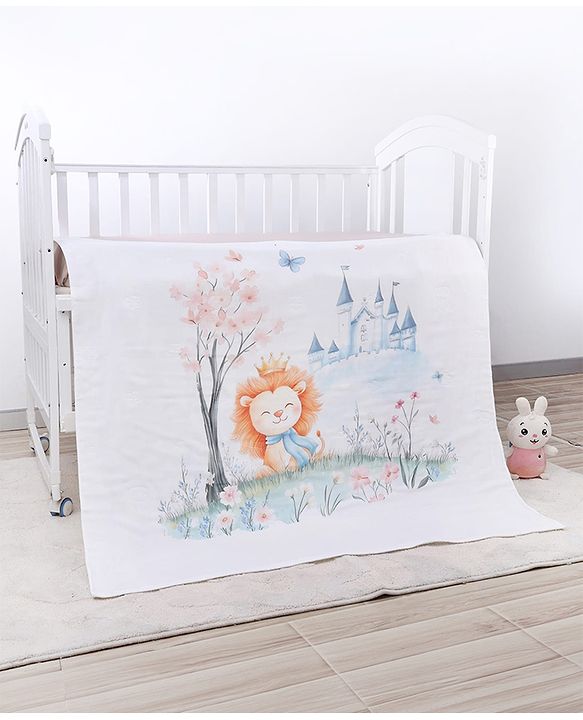 Babyhug 100% Pure Cotton Four Layer Baby Blanket  Lion Print Super Soft & Absorbent Lightweight Breathable Quilt (320g) Gentle on Baby Skin 024 Months| New Born Essential - White