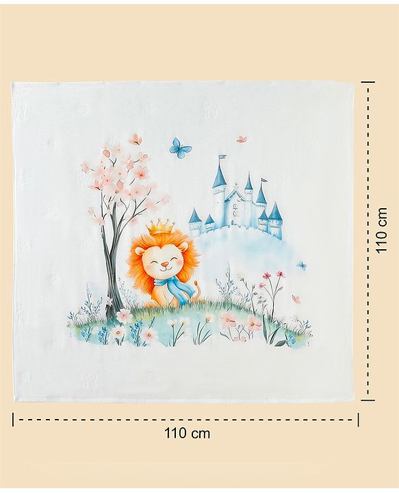 Babyhug 100% Pure Cotton Four Layer Baby Blanket  Lion Print Super Soft & Absorbent Lightweight Breathable Quilt (320g) Gentle on Baby Skin 024 Months| New Born Essential - White