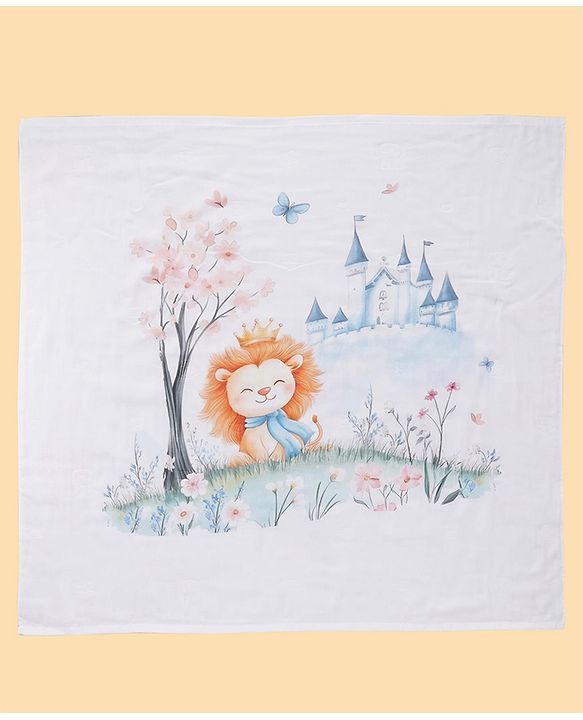 Babyhug 100% Pure Cotton Four Layer Baby Blanket  Lion Print Super Soft & Absorbent Lightweight Breathable Quilt (320g) Gentle on Baby Skin 024 Months| New Born Essential - White