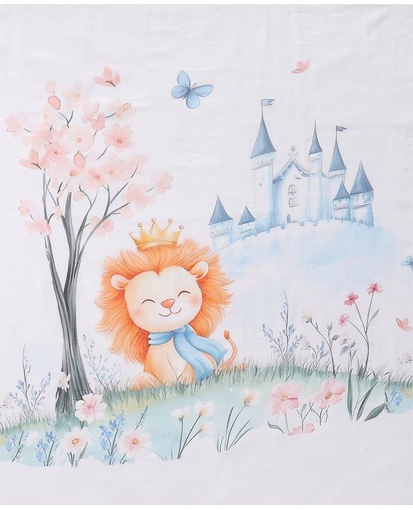 Babyhug 100% Pure Cotton Four Layer Baby Blanket  Lion Print Super Soft & Absorbent Lightweight Breathable Quilt (320g) Gentle on Baby Skin 024 Months| New Born Essential - White