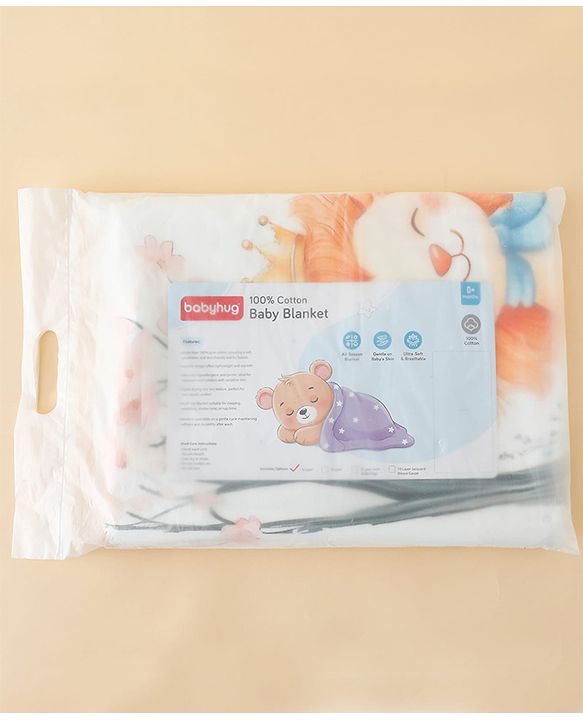 Babyhug 100% Pure Cotton Four Layer Baby Blanket  Lion Print Super Soft & Absorbent Lightweight Breathable Quilt (320g) Gentle on Baby Skin 024 Months| New Born Essential - White