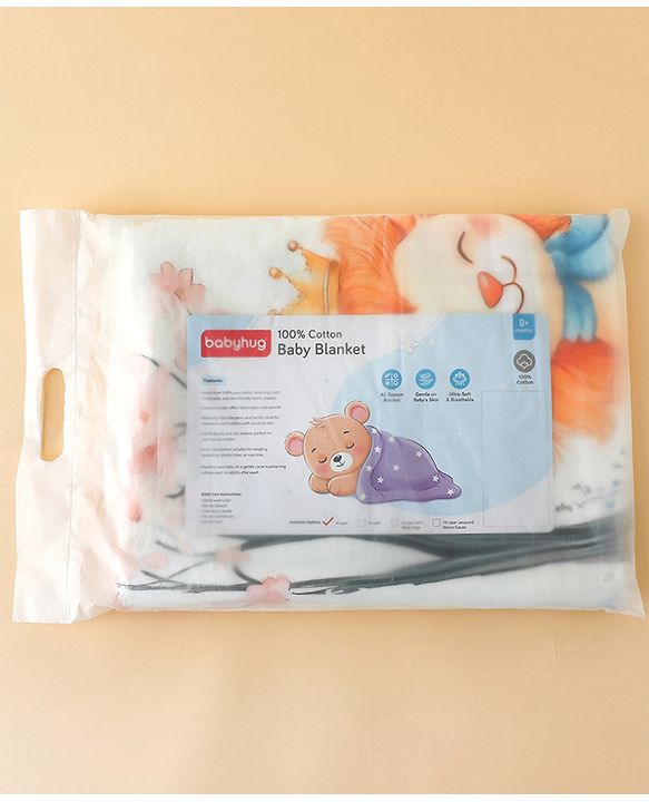 Babyhug 100% Pure Cotton Four Layer Baby Blanket  Lion Print Super Soft & Absorbent Lightweight Breathable Quilt (320g) Gentle on Baby Skin 024 Months| New Born Essential - White