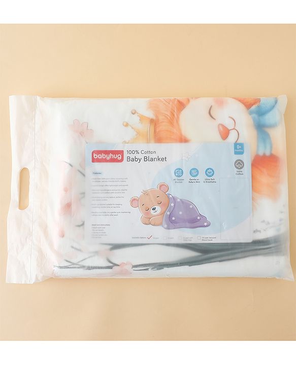 Babyhug 100% Pure Cotton Four Layer Baby Blanket  Lion Print Super Soft & Absorbent Lightweight Breathable Quilt (320g) Gentle on Baby Skin 024 Months| New Born Essential - White